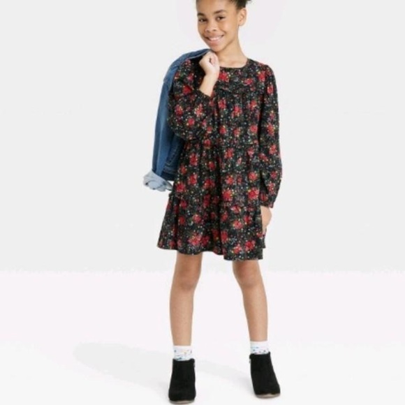 Girls' Long Sleeve Woven Dress - Cat & Jack™ Black Size M 7/8 - Picture 3 of 9
